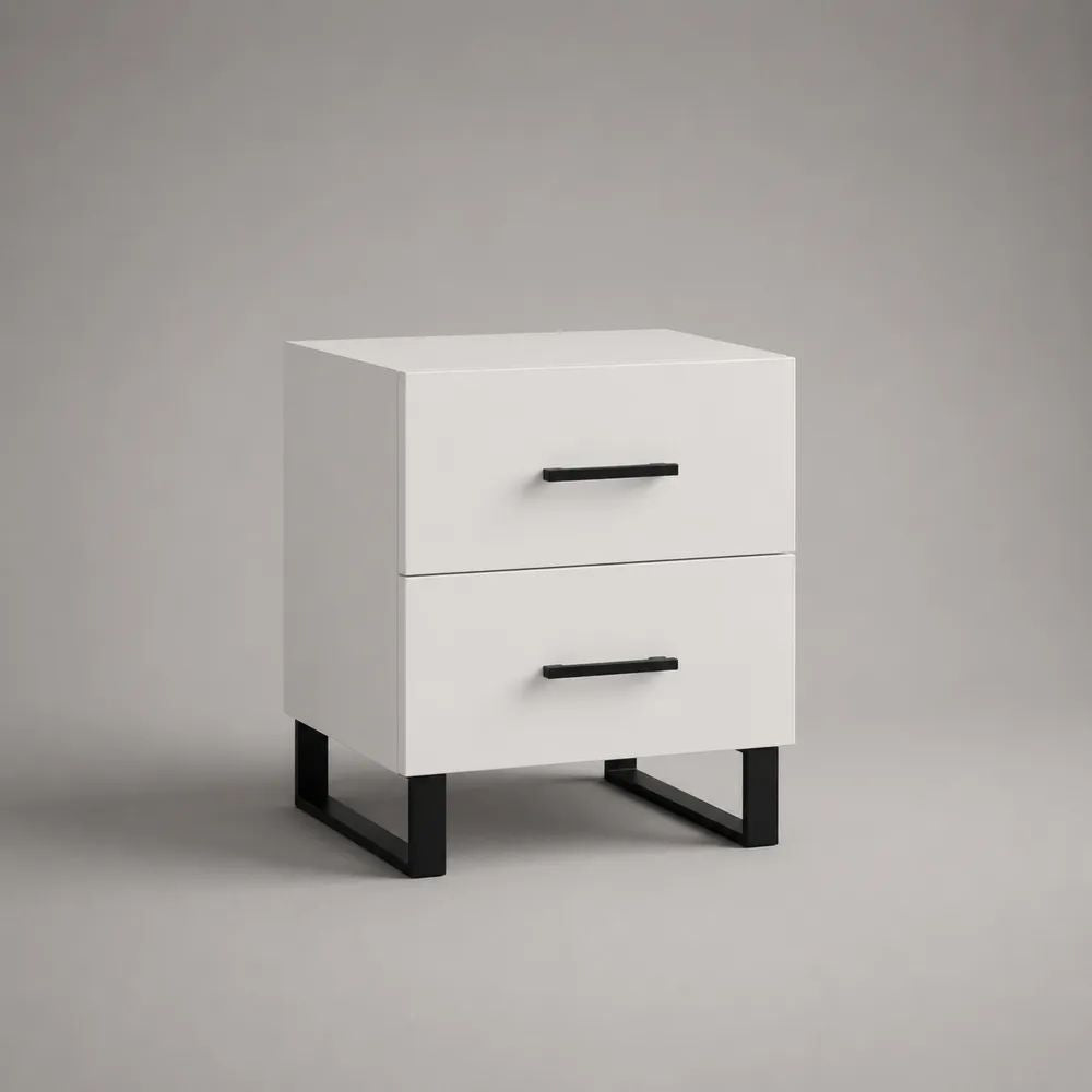Comodino rettangolare in legno e acciaio con 2 cassetti, bianco e nero, 45 x 40 x 55 cm