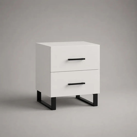 Comodino rettangolare in legno e acciaio con 2 cassetti, bianco e nero, 45 x 40 x 55 cm
