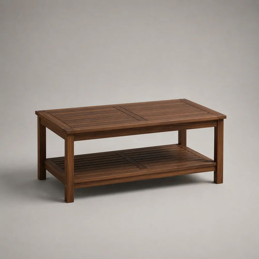 Tavolino rettangolare in legno massello di acacia marrone noce 100 x 60 x 45 cm con ripiano inferiore