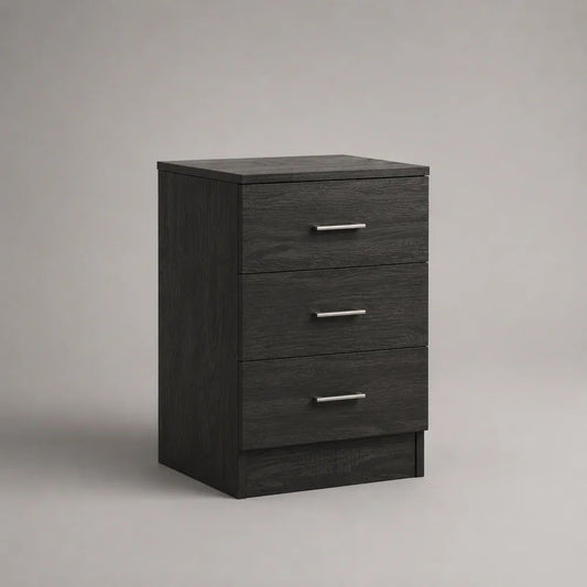 Comodino rettangolare in pannello truciolare melaminico con 3 cassetti, nero e argento, 40 x 35 x 60 cm